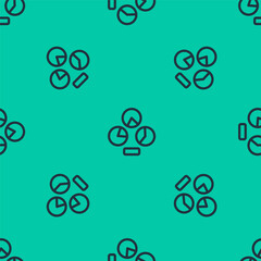 Blue line Pie chart infographic icon isolated seamless pattern on green background. Diagram chart sign. Vector