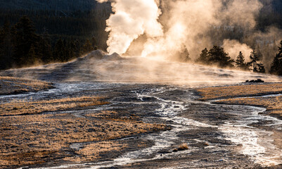 Hot smoke with sulphur gas exploded in old Faithful, Yellowstone.