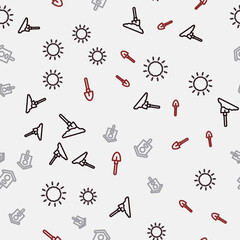 Set line Shovel in the ground, Sun, Bird house and on seamless pattern. Vector