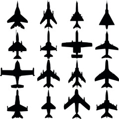 Different airplane, aircraft, Aeroplan, plane and aviation icons. Artwork show airliner, jet, light aircraft, cargo plane, airship, helicopter, space rocket, biplane, monoplane, and seaplane.