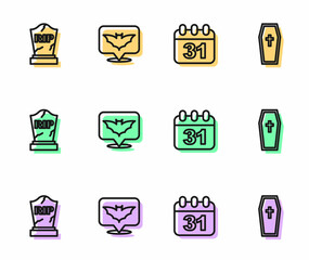 Set line Halloween date 31 october, Tombstone with RIP written, Flying bat and Coffin christian cross icon. Vector