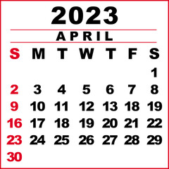 April2023 Calendar illustration. The week starts on Sunday. Calendar design in black and white colors, Sunday in red colors