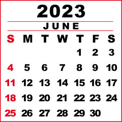 June2023 Calendar illustration. The week starts on Sunday. Calendar design in black and white colors, Sunday in red colors