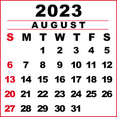 August 2023 Calendar illustration. The week starts on Sunday. Calendar design in black and white colors, Sunday in red colors