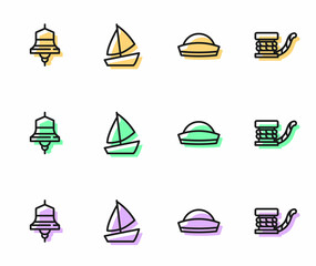 Set line Sailor hat, Ship bell, Yacht sailboat and Marine bollard with rope icon. Vector