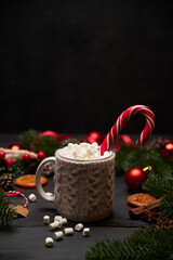 Hot cocoa drink with cinnamon stick and marshmallows with Christmas decorations on background