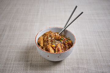 funchose with chicken, chicken with vegetables