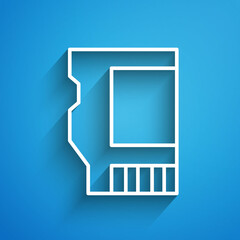 White line SD card icon isolated on blue background. Memory card. Adapter icon. Long shadow. Vector
