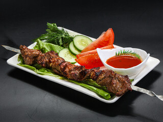 Grilled beef barbecue served vegetables