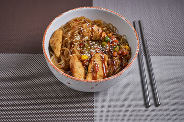 rice with chicken, funchose with chicken, chicken with vegetables