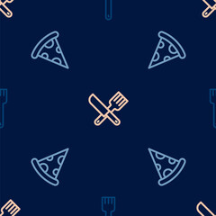 Set line Fork, Slice of pizza and Crossed knife and fork on seamless pattern. Vector