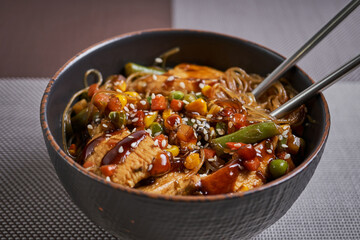 stew with vegetables, funchose with chicken, chicken with vegetables