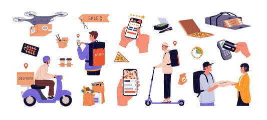 Food delivery service set. Online orders of meals, groceries, pizza through mobile app, couriers delivering boxes on mopeds, in backpacks. Flat vector illustrations isolated on white background