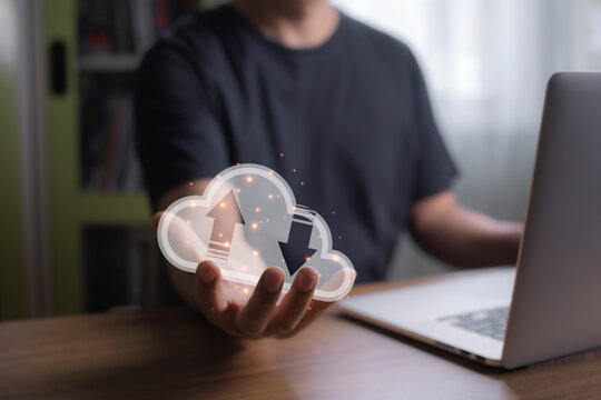 Cloud computing on man hand. Idea concept for the cloud business, big data analytics, data storage, cloud network, data transfer, intelligent technology.