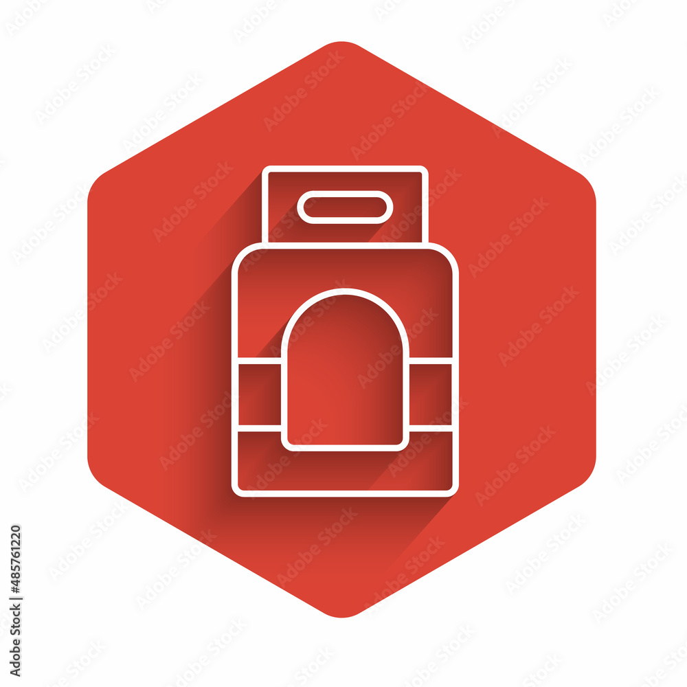 Poster White line Laundry detergent for automatic wash machine icon isolated with long shadow background. Red hexagon button. Vector