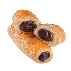 Soft puff pastries with chocolate nut filling isolated on white
