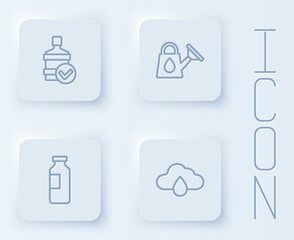 Fototapeta premium Set line Big bottle with clean water, Watering can, Bottle of and Cloud rain. White square button. Vector