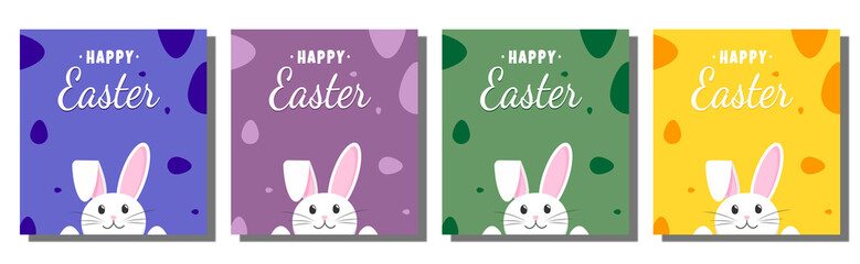 The Easter Bunny peeks out from below. Background of egg pattern. Lettering Happy Easter. Greeting card template in different colors.