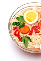 Delicious chicken aspic in glass bowl isolated on white background