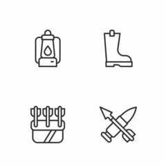 Set line Crossed bullet with arrow, Quiver arrows, Camping lantern and Waterproof rubber boot icon. Vector