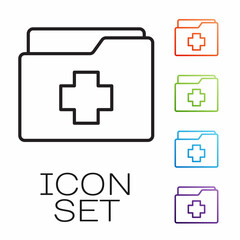 Black line Medical clipboard with clinical record icon isolated on white background. Prescription, medical check marks report. Set icons colorful. Vector