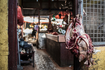 Cows head at a butchers stall in Berastagi (Brastagi) Market, North Sumatra, Indonesia, Asia