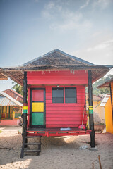 Rasta (Rastafarian) coloured beachfront accommodation at Sungai Pinang, near Padang in West...