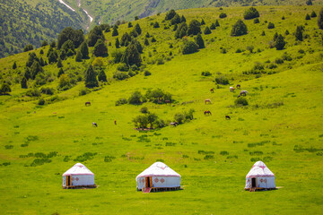 Yurt. National ancient house of the peoples of Kazakhstan and Asian countries. National Housing. Yurts on the background of a green meadow and highlands.