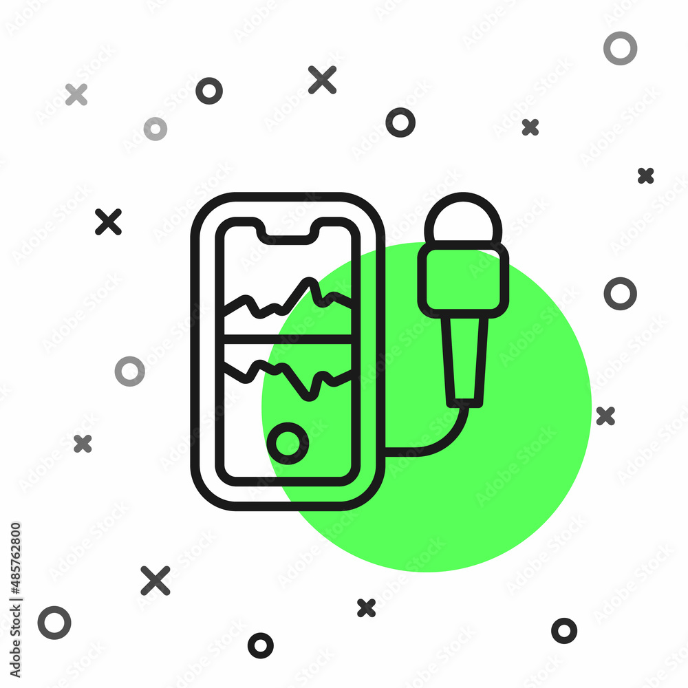 Poster Black line Mobile recording icon isolated on white background. Mobile phone with microphone. Voice recorder app smartphone interface. Vector
