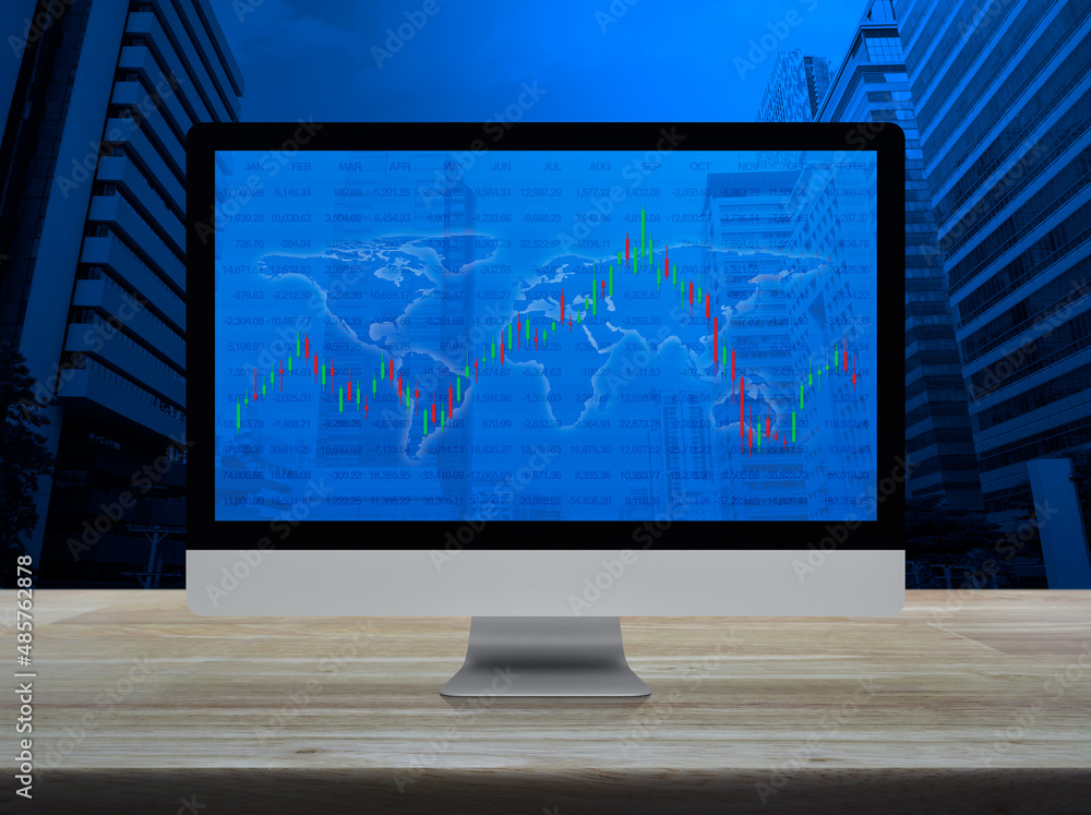 Poster trading graph of stock market with world map and graph on modern computer monitor screen on wooden t