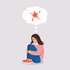 Angry tired girl suffers of stress, anger, depressive disorder. Vector illustration of mental problems