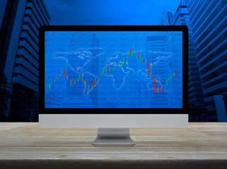 Trading graph of stock market with world map and graph on modern computer monitor screen on wooden table over office city tower and skyscraper, Business investment online concept, Elements of this ima