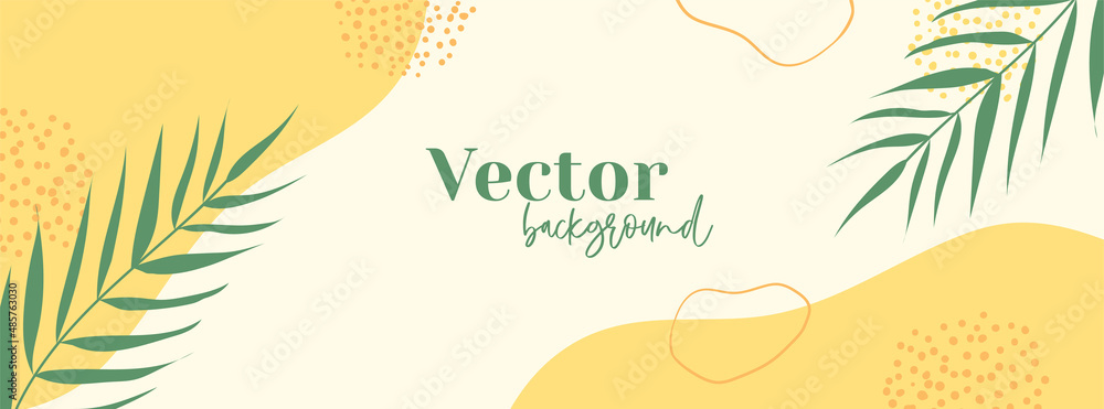 Poster minimal long vector banner. abstract organic floral summer background with palm leaves and copy spac