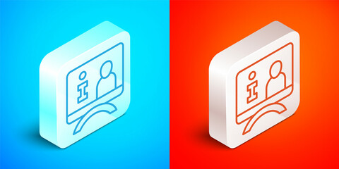 Isometric line Television report icon isolated on blue and red background. TV news. Silver square button. Vector