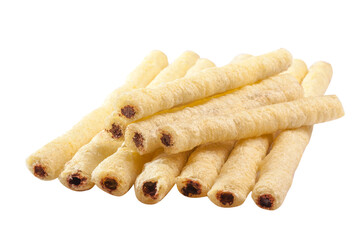 Airy crunchy corn sticks with chocolate and nut filling isolated on white