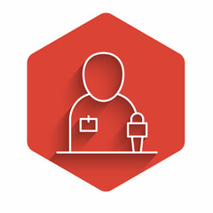 White line Journalist news reporter with microphone icon isolated with long shadow background. Red hexagon button. Vector
