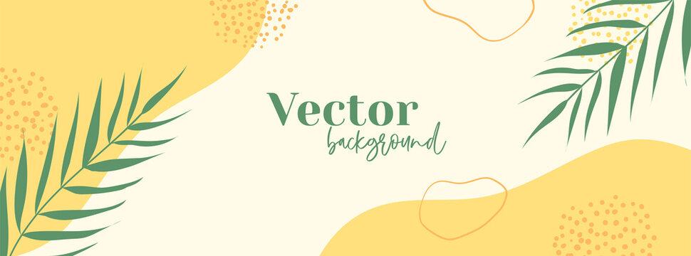 Minimal long vector banner. Abstract organic floral summer background with palm leaves and copy space for text. Facebook cover template