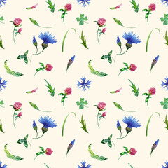 Naklejka premium Wildflowers watercolor seamless pattern. Cornflowers, clover and leaves.
