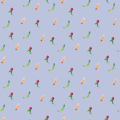 Wildflowers watercolor seamless pattern with clover, ears and leaves. 