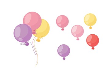 Logo for the design of birthday greeting cards. Hand-drawn icons of air balloon, vector isolated colorful element.