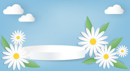Product podium with flowers and leaves paper cut on light blue background for template for advertising.