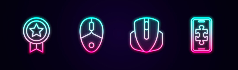 Set line Game rating with medal, Computer mouse, and Mobile gaming. Glowing neon icon. Vector