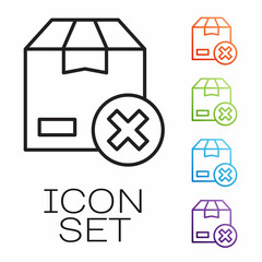 Black line Carton cardboard box and delete icon isolated on white background. Box, package, parcel sign. Delivery and packaging. Set icons colorful. Vector