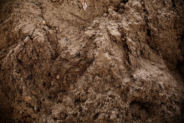 Soil texture. A layer of the earth deep into the close-up. Construction sand. Copy space. Rocky ground background. Soil fertility type. The concept of archaeological excavations. Rough surface.