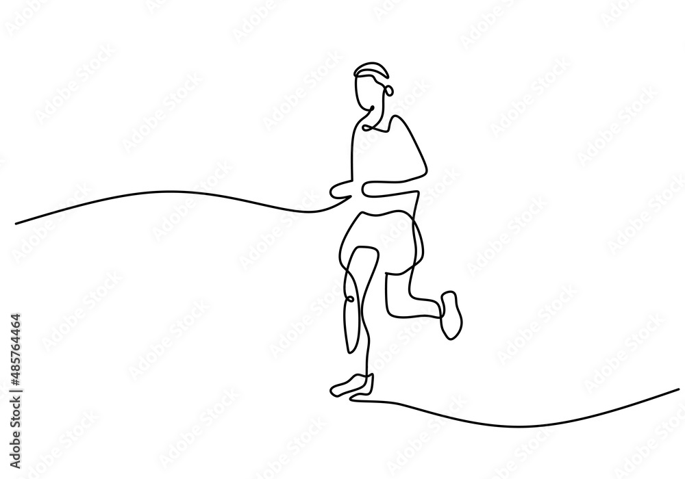 Poster one continuous single line of man jogging or running isolated on white background.