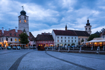 Council Tower of Sibiu in Market Square (Piata Mica) at night, Sibiu, Transylvania, Romania