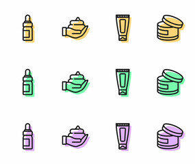 Set line Cream or lotion cosmetic tube, Essential oil bottle, Shaving foam hand and icon. Vector