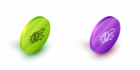 Isometric line Financial growth dollar coin icon isolated on white background. Increasing revenue. Green and purple circle buttons. Vector