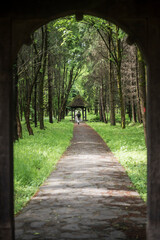 Tourist at Sapanta Peri Monastery, a wooden church in Maramures, Romania