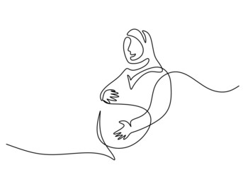 One continuous single line of pregnant hijab girl woman isolated on white background.